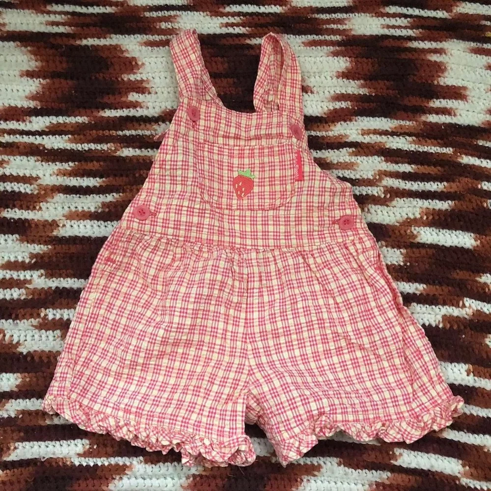 VTG RARE OshKosh B'gosh Pink Gingham Ruffle Strawberry Baby Overalls 12M HTF USA